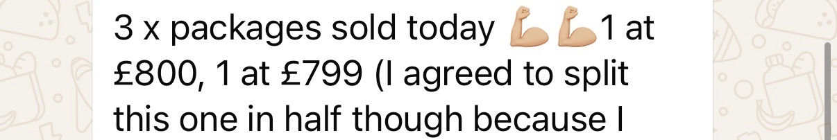 Member message: '3 x packages sold today, 1 at £800, 1 at £799.'